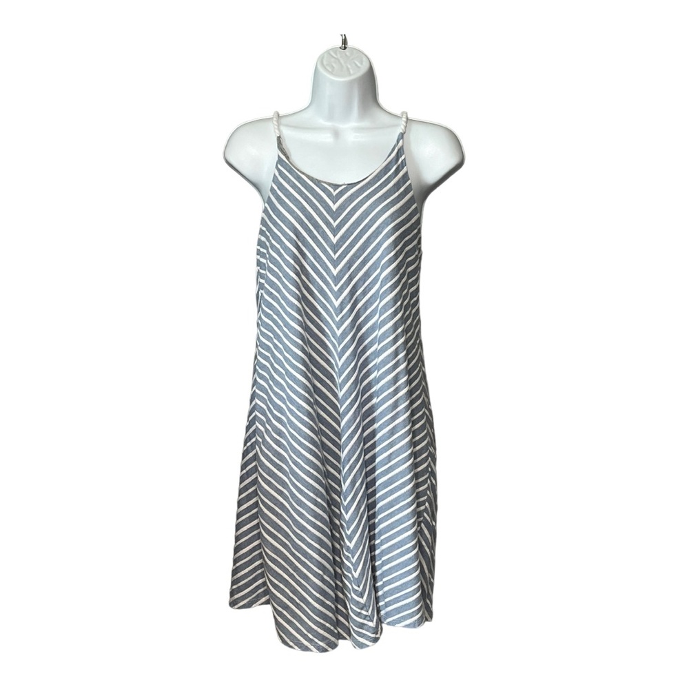 PrAna Stripe Halter Tank Dress Chambray Blue White Nautical Dress W/ Rope Straps